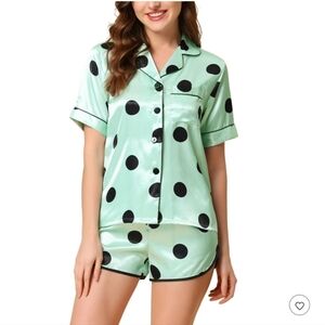 Cheibear Polka Dot Satin Pajama Set - Mint Green and Black